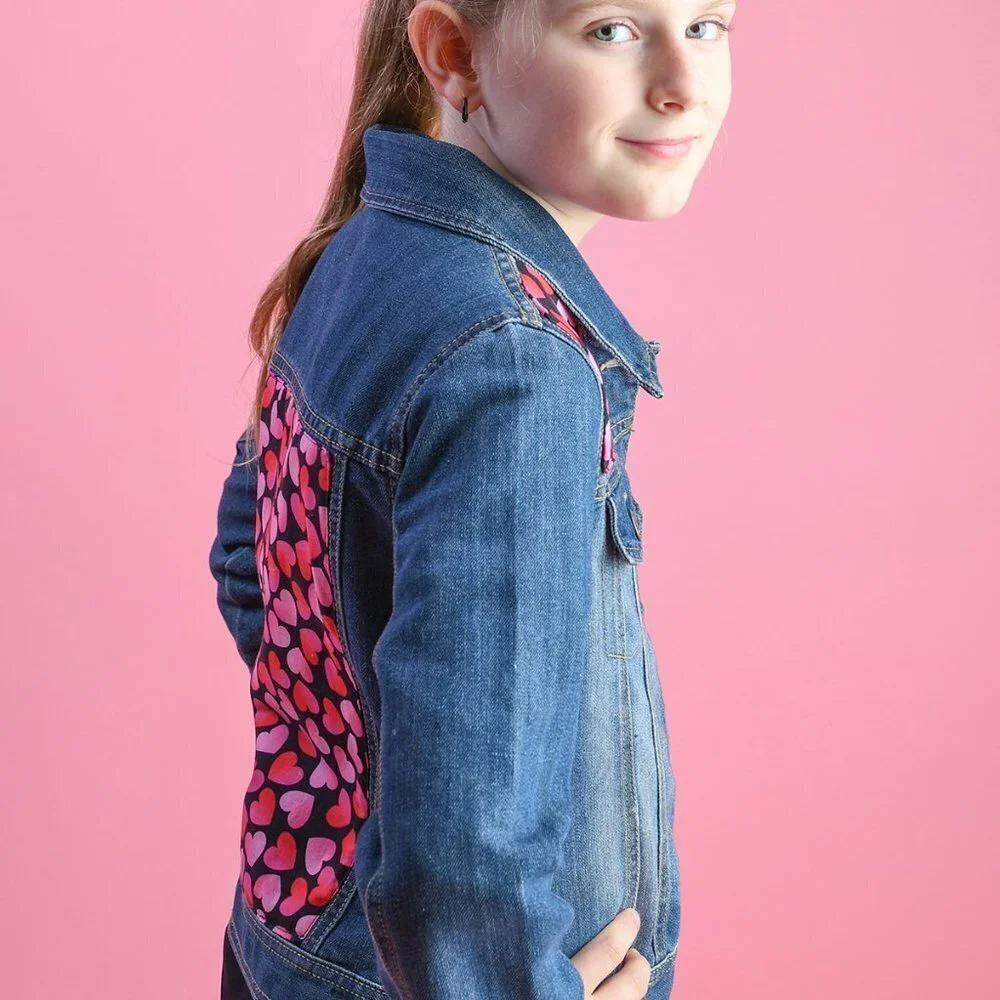 Est 1989 denim jacket Girls 14 upcycled Hearts